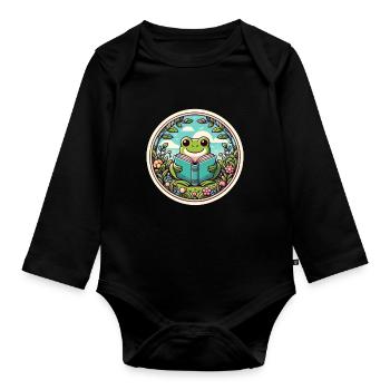 Frog Wilderness Book Illustration With Flowers l - Organic Longsleeve Baby Bodysuit - black - Front