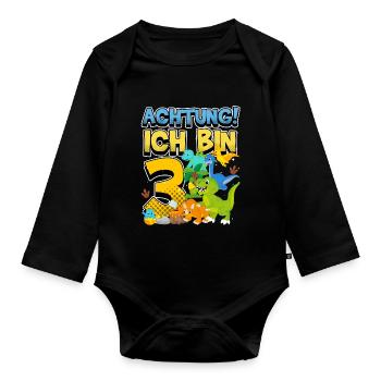 3rd Birthday, 3 Years Old Dinosaur Dino - Organic Longsleeve Baby Bodysuit - black - Front