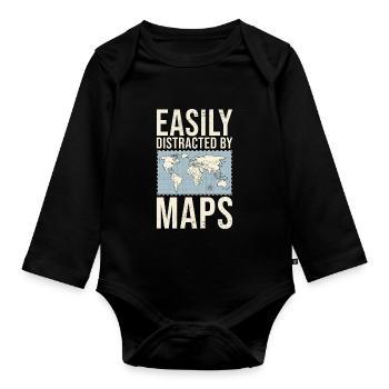 Easily Distracted By Maps Geographie-Lehrer - Baby Bio-Langarm-Body - Schwarz - Vorne