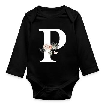 Lettre p floral tropical - Body Bébé bio manches longues - noir - Devant