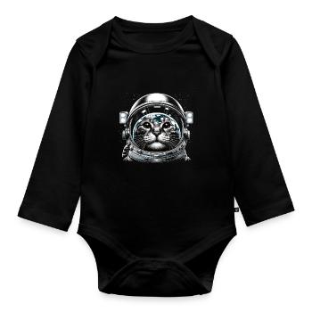 Katze Astronaut Astronomie Äußeres Sonnensystem - Baby Bio-Langarm-Body - Schwarz - Vorne