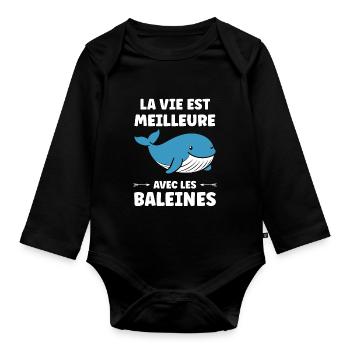 Baleines bleu Amour baleine - Body Bébé bio manches longues - noir - Devant