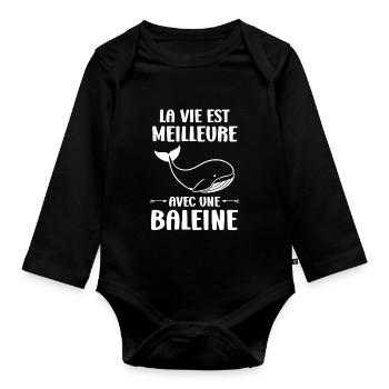 Baleines bleu Amour baleine - Body Bébé bio manches longues - noir - Devant