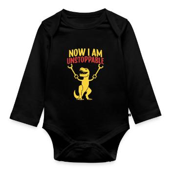 Retro Now I Am Unstoppable Funny T-Rex Dinosaur - Organic Longsleeve Baby Bodysuit - black - Front