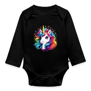 Einhorn Kinder Regenbogen Pony Pferd Mädchen - Baby Bio-Langarm-Body - Schwarz - Vorne