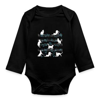 Cats playing with music note cat - Organic Longsleeve Baby Bodysuit - black - Front