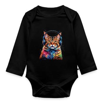 Casque de chat coloré drôle animal design imprimé - Body Bébé bio manches longues - noir - Devant