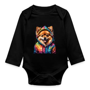 Pomeranian Pomeranian Pomeranian Hoodie Dog Print - Organic Longsleeve Baby Bodysuit - black - Front