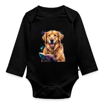 Golden Retriever Lesen Hund Lustig Design Print - Baby Bio-Langarm-Body - Schwarz - Vorne