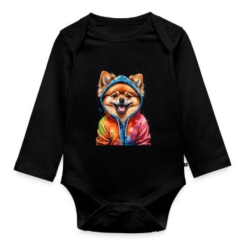 Pomeranian Pomeranian Pomeranian Hoodie Dog Print - Organic Longsleeve Baby Bodysuit - black - Front