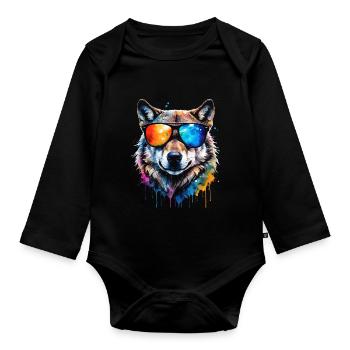 Lunettes de soleil loup imprimé animal coloré - Body Bébé bio manches longues - noir - Devant