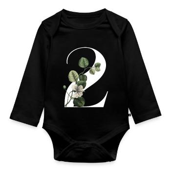 Nummer 2 Blumengrün - 2. Blumengeburtstag - Baby Bio-Langarm-Body - Schwarz - Vorne