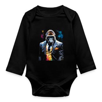 Gorilla Anzug Affe Bunt Tier Design Print - Baby Bio-Langarm-Body - Schwarz - Vorne