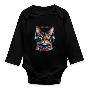 Casque de chat coloré drôle animal design imprimé - Body Bébé bio manches longues - noir - Devant