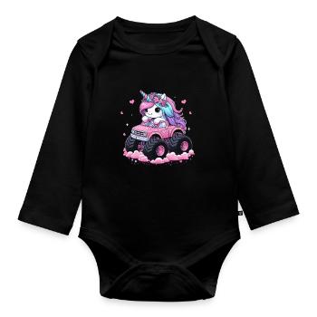 Monster Truck Einhorn Geburtstagsfeier Mädchen - Baby Bio-Langarm-Body - Schwarz - Vorne