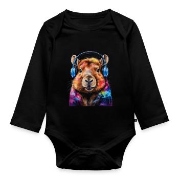 Capybara Kopfhörer Capy Bunt Tier Design Print - Baby Bio-Langarm-Body - Schwarz - Vorne