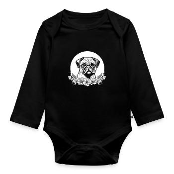 Mops Hund Wilde Blumen Floral Moon - Baby Bio-Langarm-Body - Schwarz - Vorne