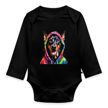 Dobermann Hoodie Hund Bunt Lustig Tier Print - Baby Bio-Langarm-Body - Schwarz - Vorne