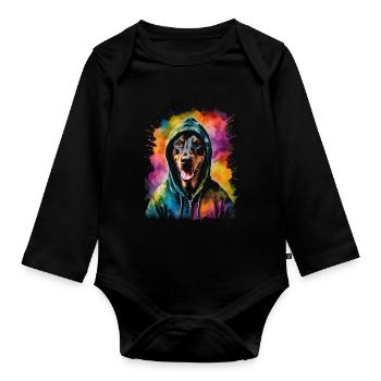 Dobermann Hoodie Hund Bunt Lustig Tier Print - Baby Bio-Langarm-Body - Schwarz - Vorne