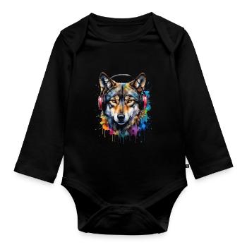 Casque de loup Musique Coloré Animal Design Imprimer - Body Bébé bio manches longues - noir - Devant