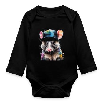 Opossum Snapback Cap Cool Tier Design Print - Organic Longsleeve Baby Bodysuit - black - Front