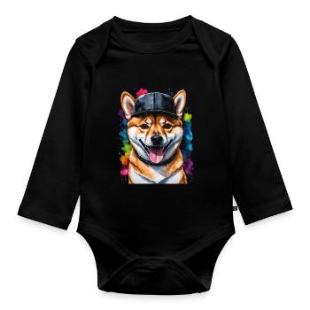 Shiba Inu Snapback Cap Hund Lustig Design Print - Baby Bio-Langarm-Body - Schwarz - Vorne