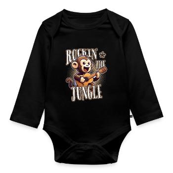Rockin' The Jungle: Funny Monkey with Guitar - Organic Longsleeve Baby Bodysuit - black - Front