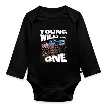 Junger, wilder und 1. Geburtstagsjunge Monster Truck - Baby Bio-Langarm-Body - Schwarz - Vorne