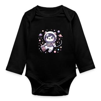 Kawaii Cat Astronaut Bubble Tea in Space - Organic Longsleeve Baby Bodysuit - black - Front
