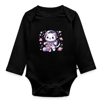 Kawaii Cat Astronaut Bubble Tea in Space - Organic Longsleeve Baby Bodysuit - black - Front