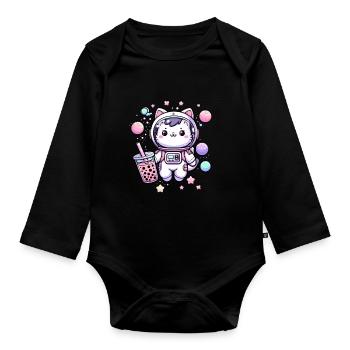 Kawaii Cat Astronaut Bubble Tea in Space - Organic Longsleeve Baby Bodysuit - black - Front