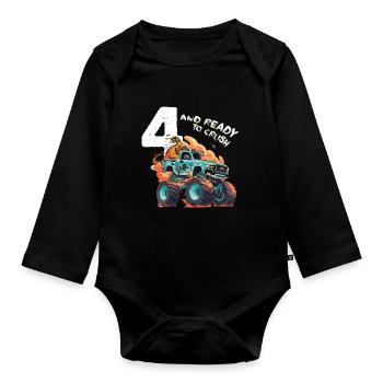 Ich bin 4 und bereit, mit dem Monster Truck zu zerquetschen - Baby Bio-Langarm-Body - Schwarz - Vorne