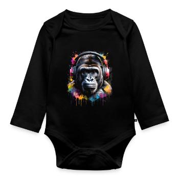 Gorille casque singe coloré Animal Design Print - Body Bébé bio manches longues - noir - Devant