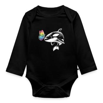 Orca-wal-schmetterlinge-tier-blumenillustration - Baby Bio-Langarm-Body - Schwarz - Vorne