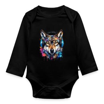 Casque de loup Musique Coloré Animal Design Imprimer - Body Bébé bio manches longues - noir - Devant