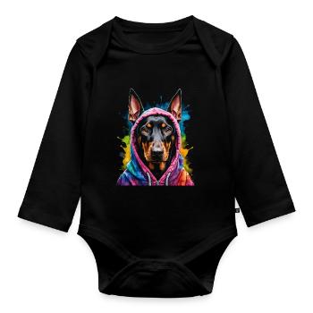 Dobermann Hoodie Hund Bunt Lustig Tier Print - Baby Bio-Langarm-Body - Schwarz - Vorne