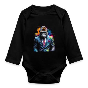 Gorilla Anzug Affe Bunt Tier Design Print - Baby Bio-Langarm-Body - Schwarz - Vorne