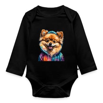 Pomeranian Pomeranian Pomeranian Hoodie Dog Print - Organic Longsleeve Baby Bodysuit - black - Front
