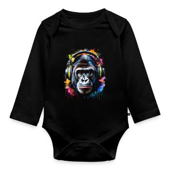 Casque Gorille Singe Coloré Animal Design Imprimer - Body Bébé bio manches longues - noir - Devant