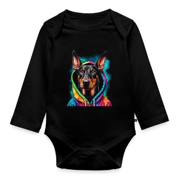 Dobermann Hoodie Hund Bunt Lustig Tier Print - Baby Bio-Langarm-Body - Schwarz - Vorne
