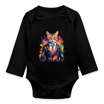 Cat Suit Colorful Funny Funny Animal Design Print - Organic Longsleeve Baby Bodysuit - black - Front