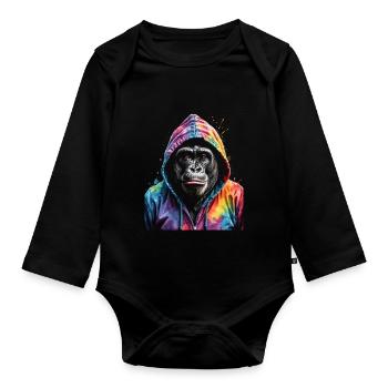 Gorille Sweat à capuche Monkey Imprimé de design d’animaux colorés - Body Bébé bio manches longues - noir - Devant