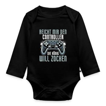 Hands me the controller, the queen wants to play - Organic Longsleeve Baby Bodysuit - black - Front