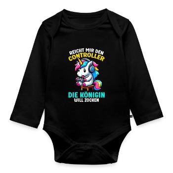 Hands me the controller, the queen wants to play - Organic Longsleeve Baby Bodysuit - black - Front