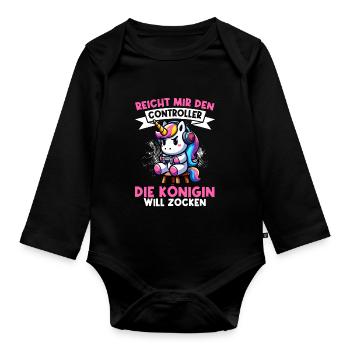 Hands me the controller, the queen wants to play - Organic Longsleeve Baby Bodysuit - black - Front