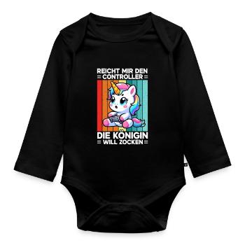 Hands me the controller, the queen wants to play - Organic Longsleeve Baby Bodysuit - black - Front