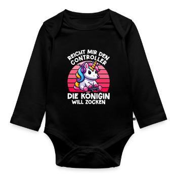 Hands me the controller, the queen wants to play - Organic Longsleeve Baby Bodysuit - black - Front