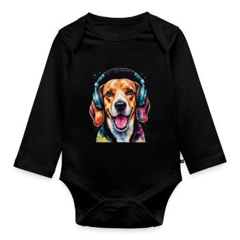 Beagle Headphones Dog Funny Animal Design Print - Organic Longsleeve Baby Bodysuit - black - Front