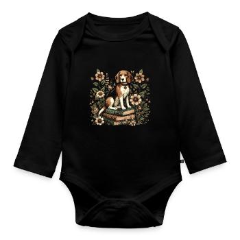 Beagle Flower Book Reader Floral Cottagecore - Organic Longsleeve Baby Bodysuit - black - Front