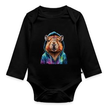 Capybara Hoodie Capy Bunt Tier Design Print - Baby Bio-Langarm-Body - Schwarz - Vorne